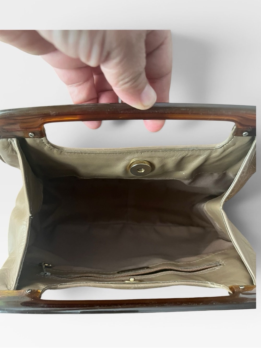 Anne Klein for Calderon Taupe Leather Clutch Tortoise Handle Vintage Purse - Picture 6 of 13